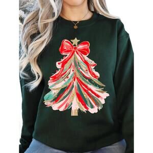 NEW WANDERLUST preppy brush stroke christmas tree sweatshirt in forest green